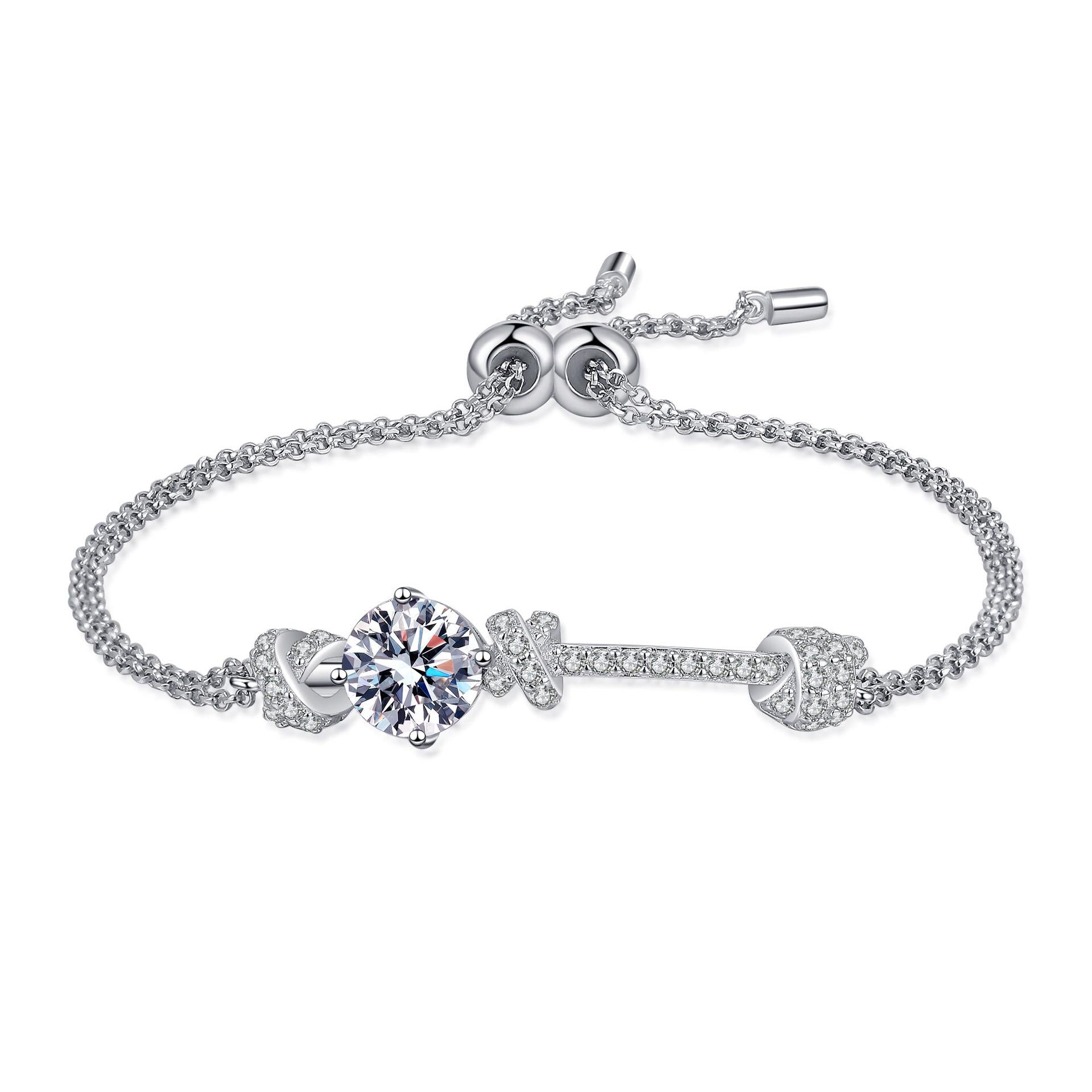 Double Chain Bracelet with 2-Carat Moissanite and Peach Charm Design in 925 Sterling Silver