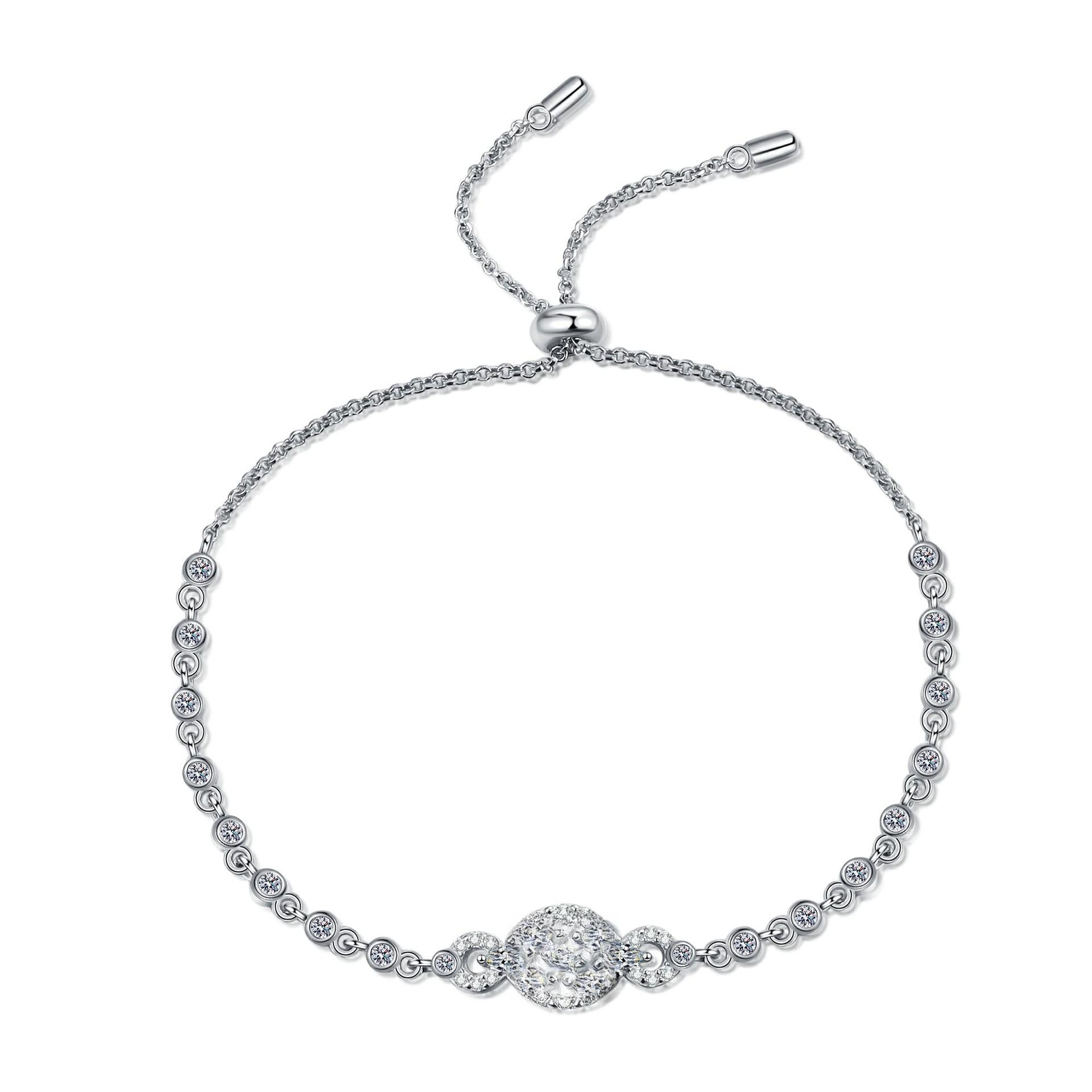 Elegant 925 Sterling Silver Plated PT950 Blue Oval Moissanite Bracelet with Floral Accents