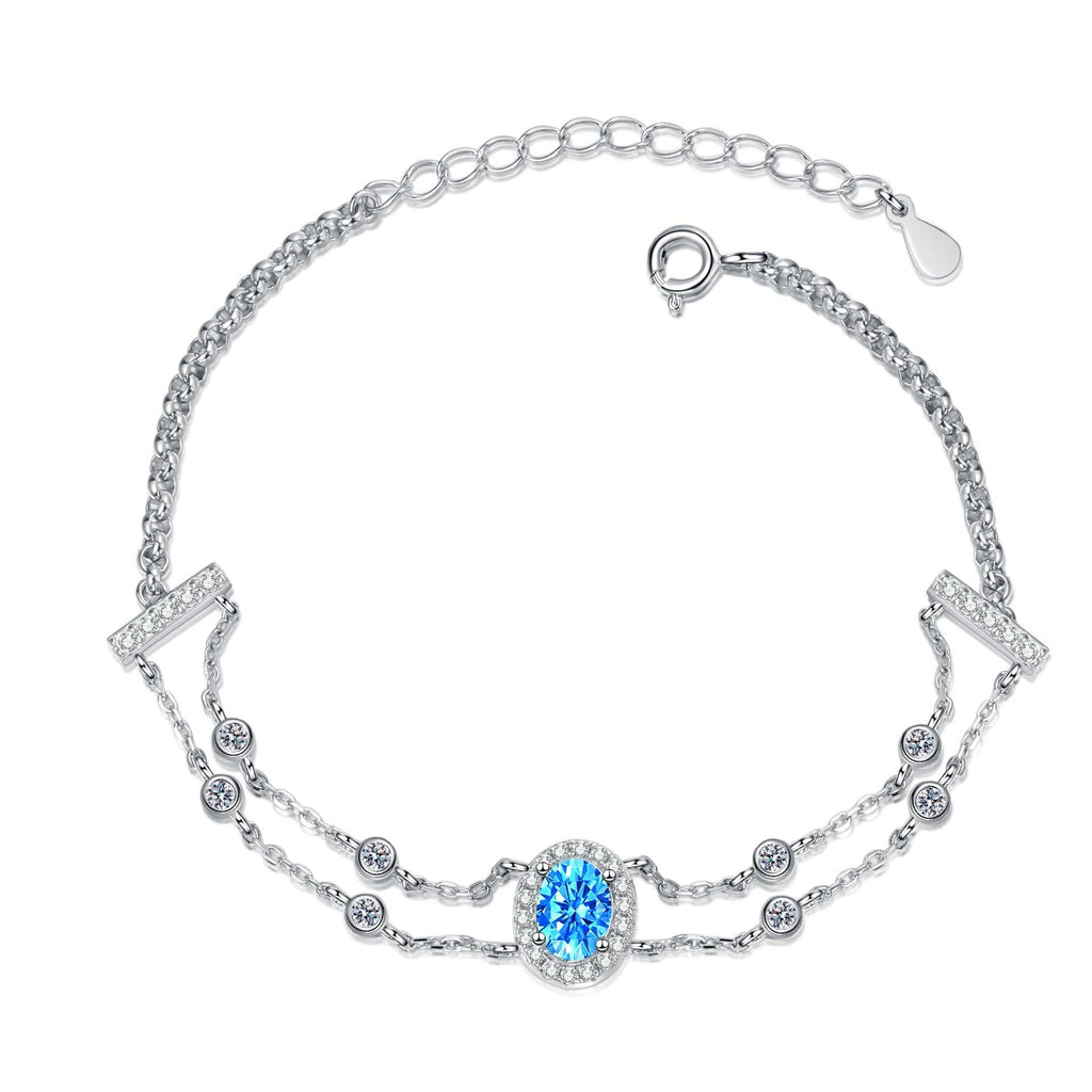 Bracelet with Oval Double Chain Design Featuring White and Blue Moissanite Stones in Platinum-Plated 925 Silver