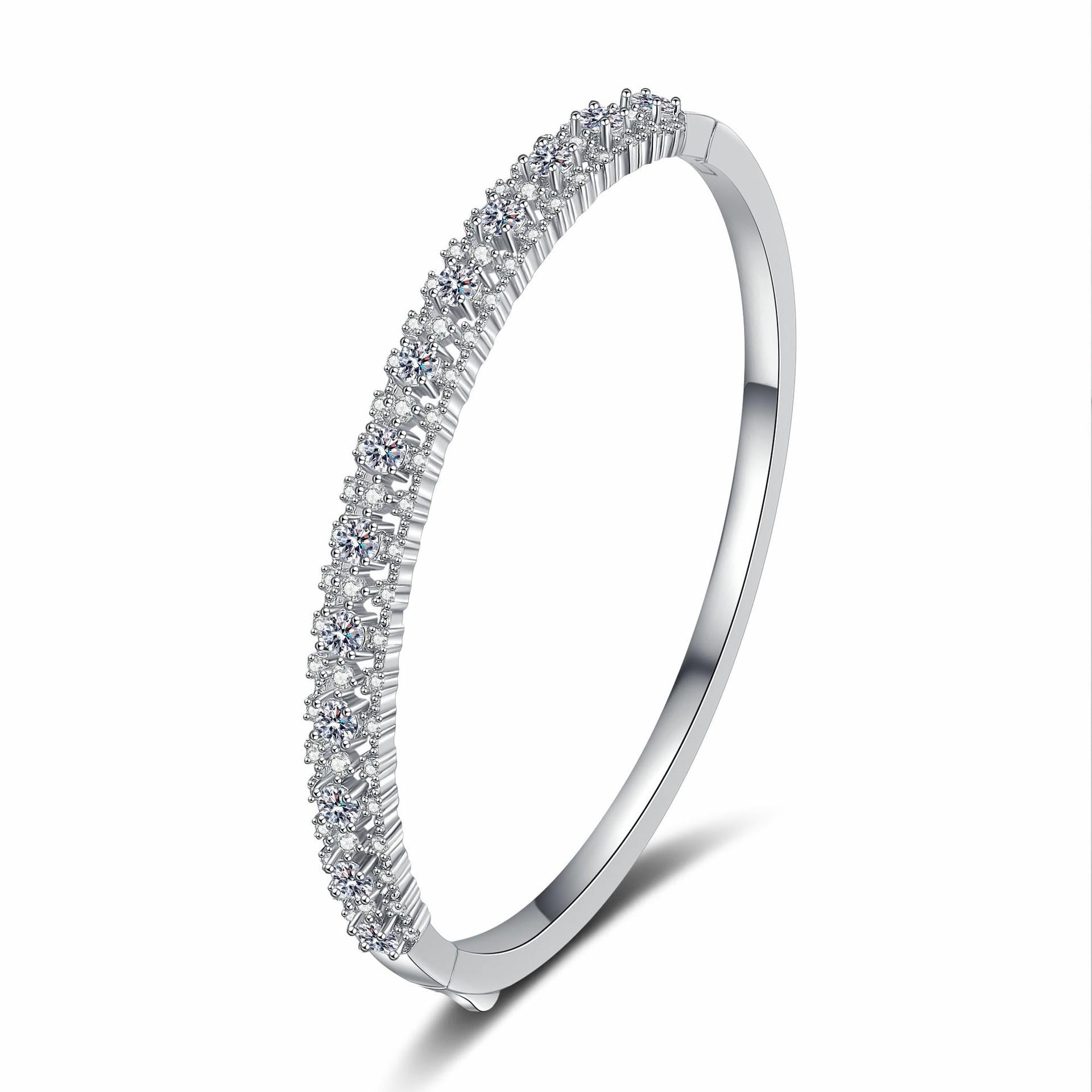 Bracelet with 2.1 Carat Full-Cut Moissanite Stones in Platinum-Plated 925 Sterling Silver Featuring Floral and Geometric Designs