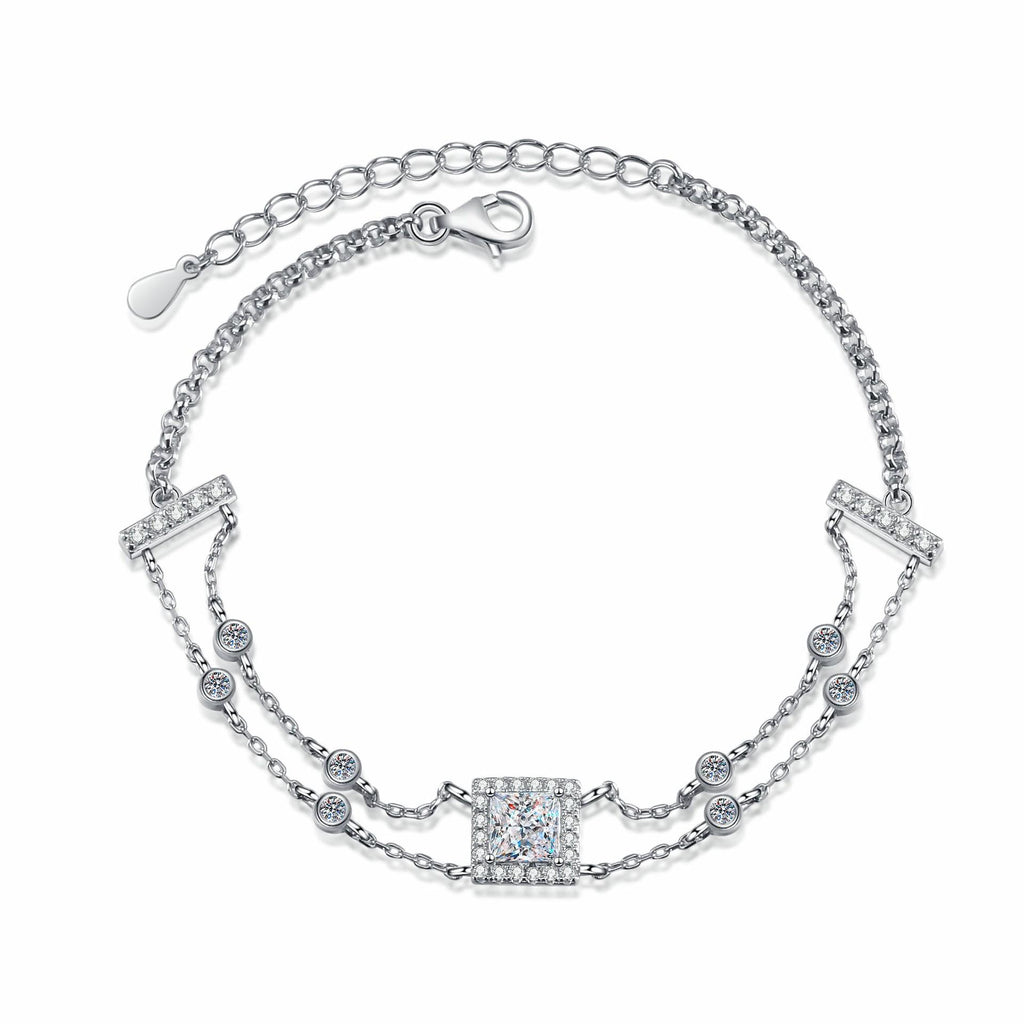 Sterling Silver Dual Chain Bracelet with Square-Cut Moissanite and Blue Gemstones in Leaf and Star Motifs