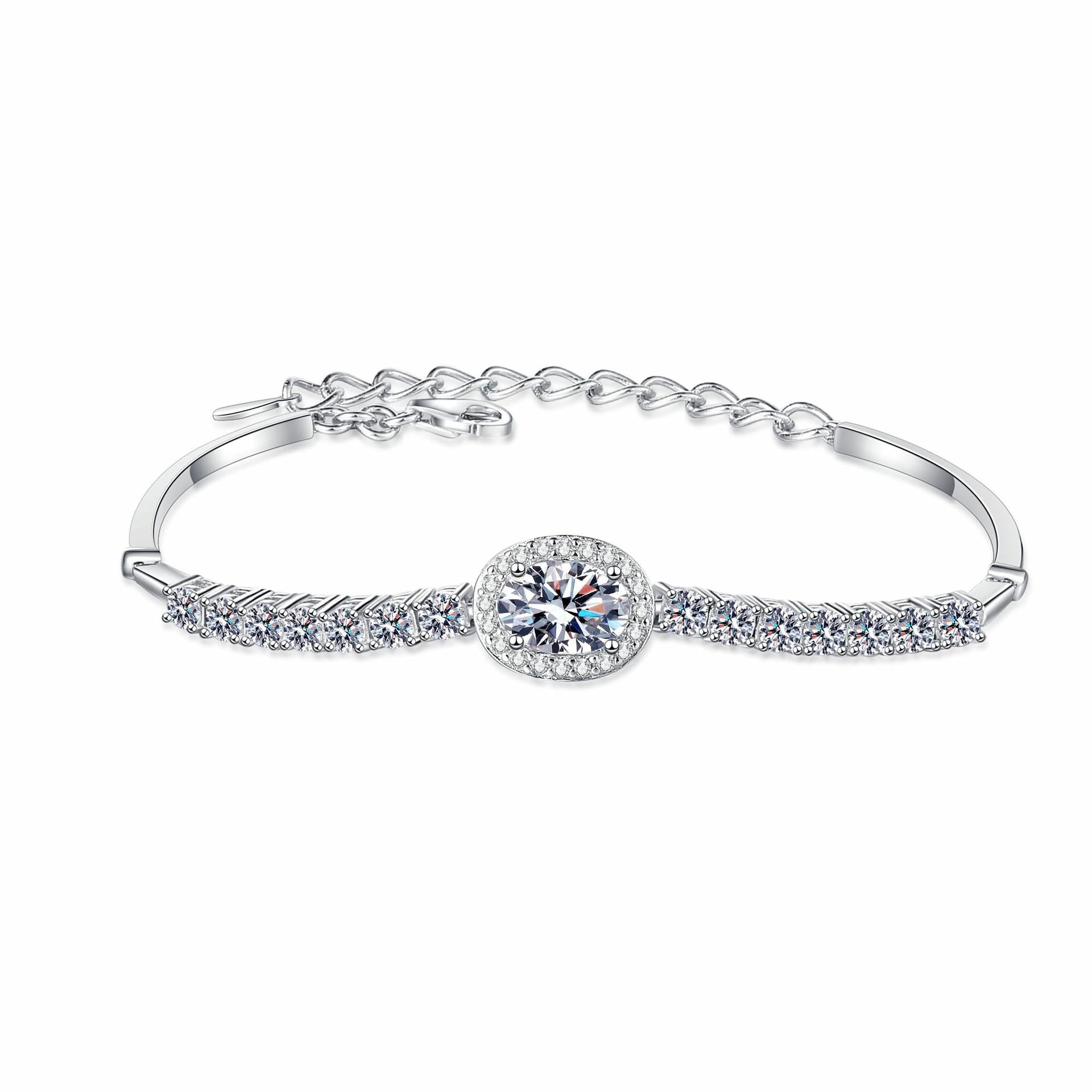 Sterling Silver Oval Blue Moissanite Bracelet with Shell and Star Accents