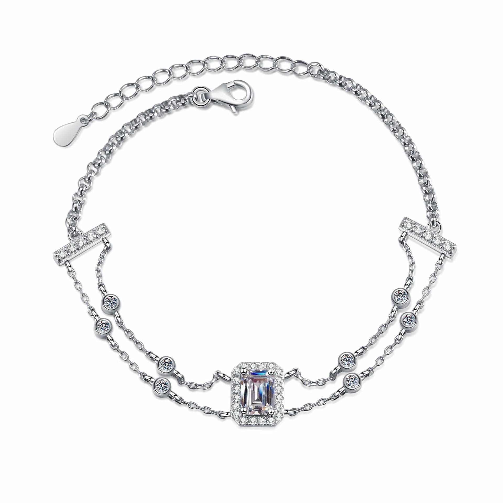 Double Chain Bracelet with S925 Sterling Silver Hand-Set Moissanite and Blue Rectangular Step-Cut Stones
