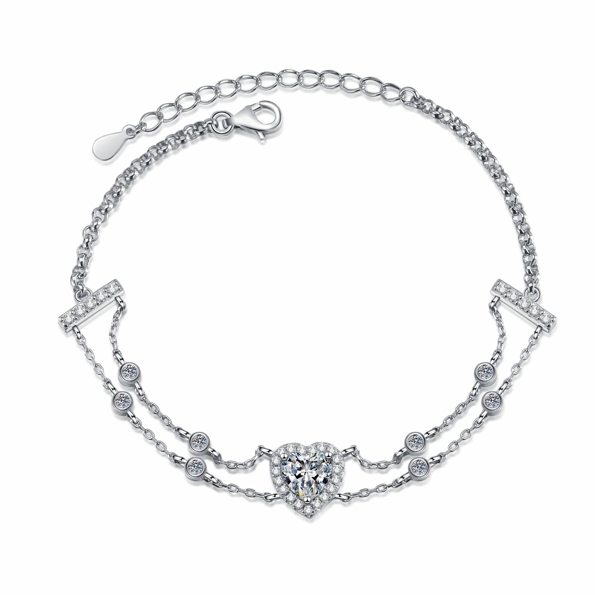 Sterling Silver Handcrafted Moissanite Bracelet with Heart-Shaped Accents and Blue Gemstones in Sweet Princess Style