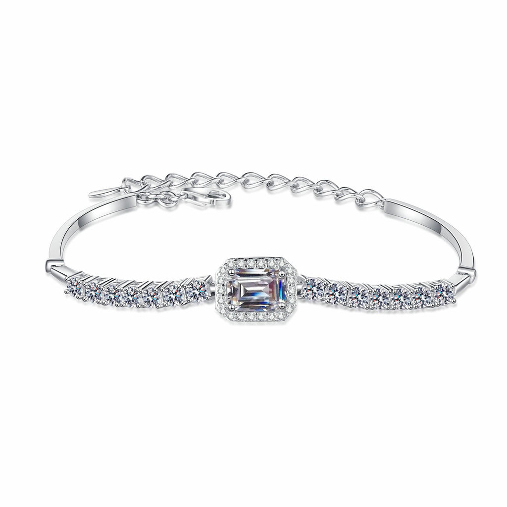 Women's S925 Sterling Silver Handcrafted Moissanite Bracelet with Emerald Cut and Radiant Cut Stones in Blue and White