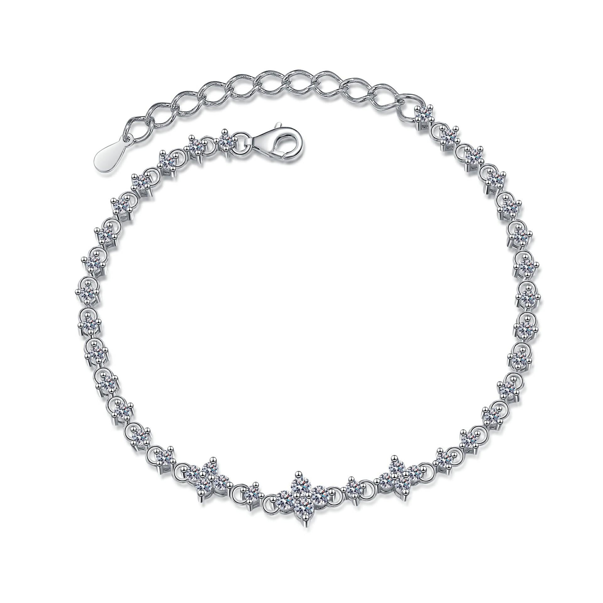 Bracelet with 1.38 Carat Moissanite Stones in Elegant Sterling Silver Featuring Floral Motifs