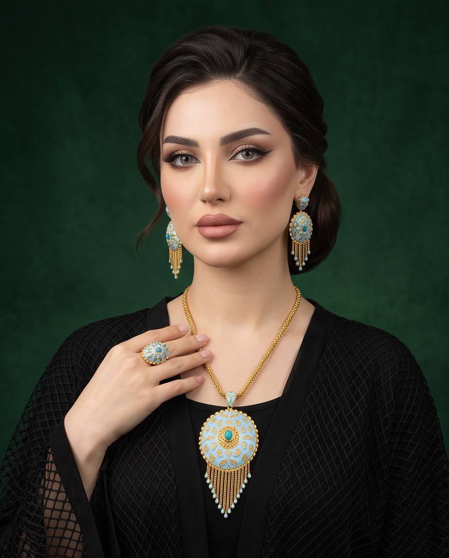 Turquoise Enamel Filigree silver 925 gold plated Jewelry Set – Necklace, Earrings & Ring