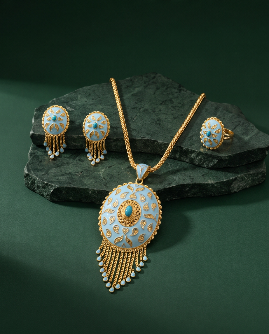Turquoise Enamel Filigree silver 925 gold plated Jewelry Set – Necklace, Earrings & Ring