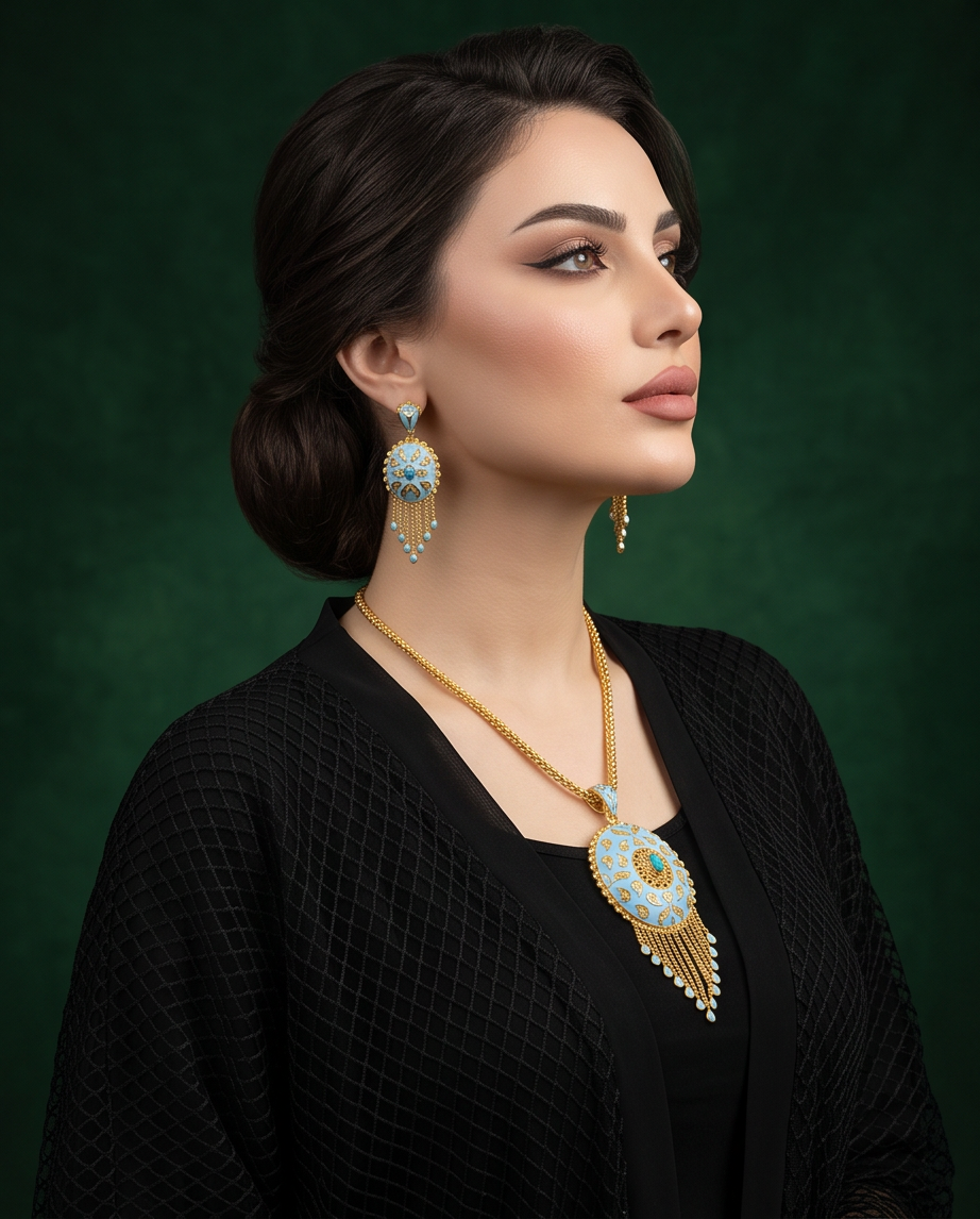 Turquoise Enamel Filigree silver 925 gold plated Jewelry Set – Necklace, Earrings & Ring