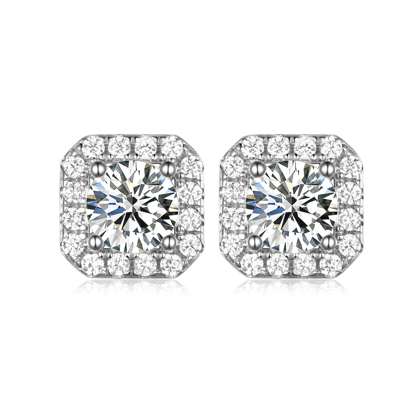 Square Halo Moissanite Stud Earrings  925 Sterling Silver Geometric Ear Stud Earrings