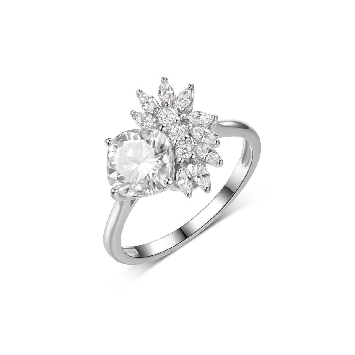 Princess Style Petal Cluster Cushion Cut Moissanite 925 Sterling Silver Ring