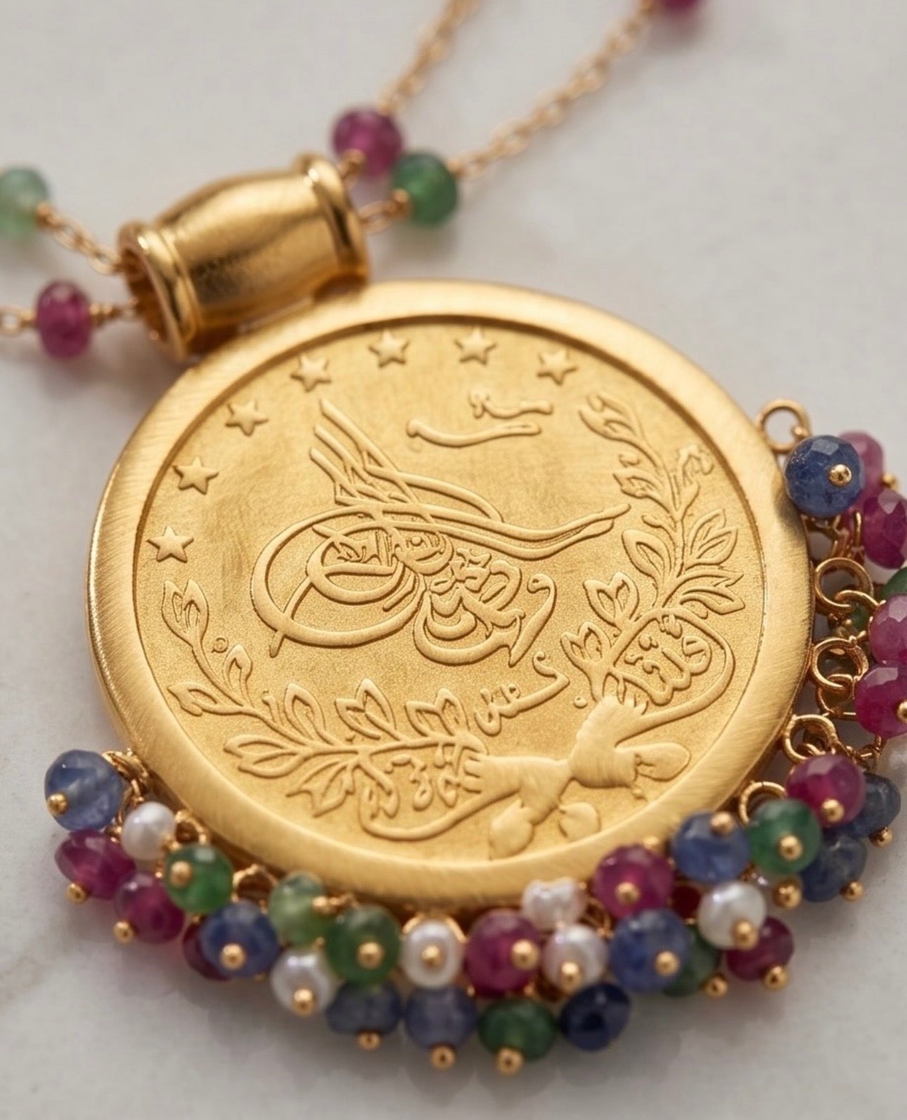 Royal Multicolor Beaded Medallion Necklace full set – 925 Sterling Silver, 21K Gold Plated Full Set
