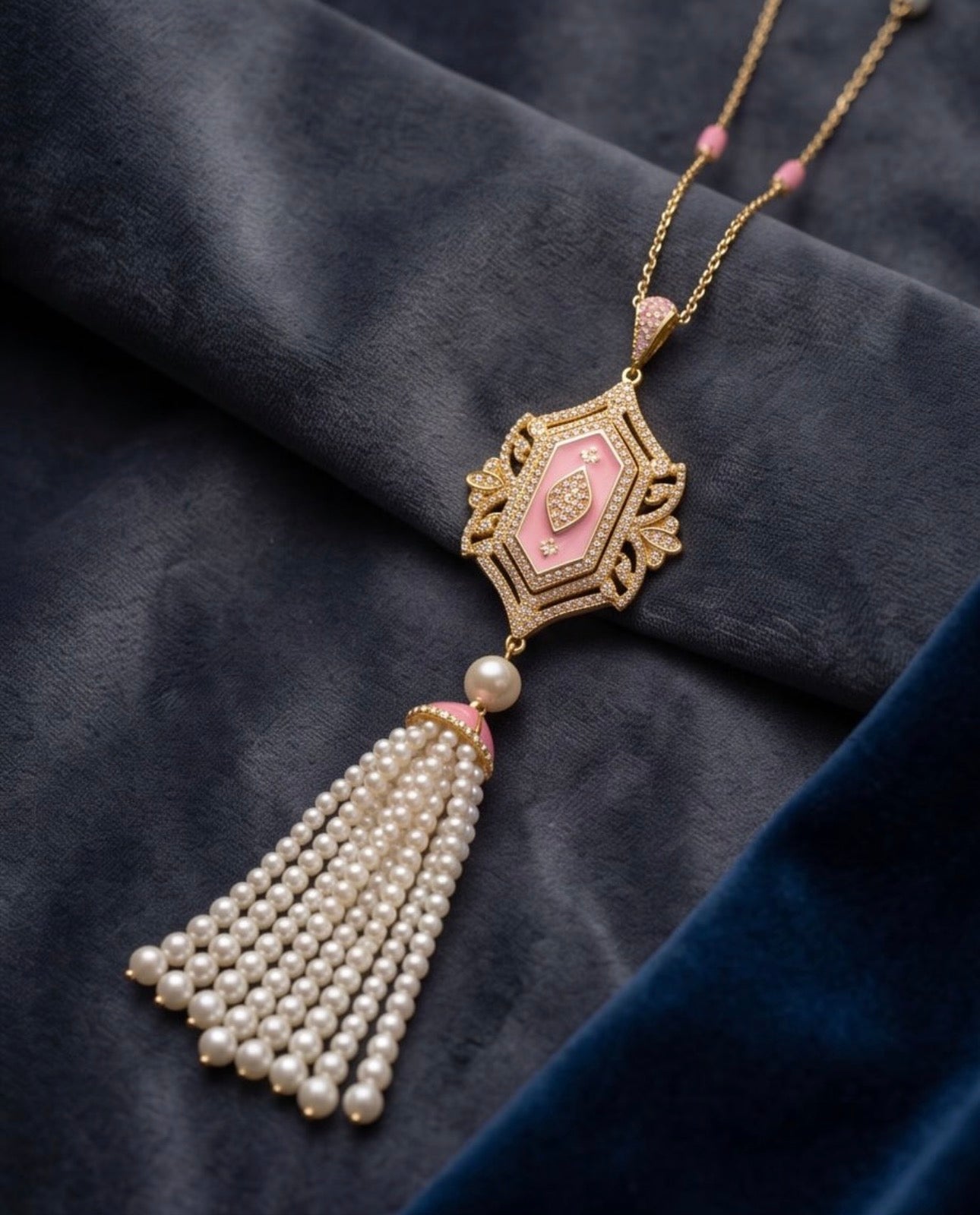 Silver 925 Gold plated Ornate Pendant Necklace and Earrings with Pink Enamel & Pearl Tassel