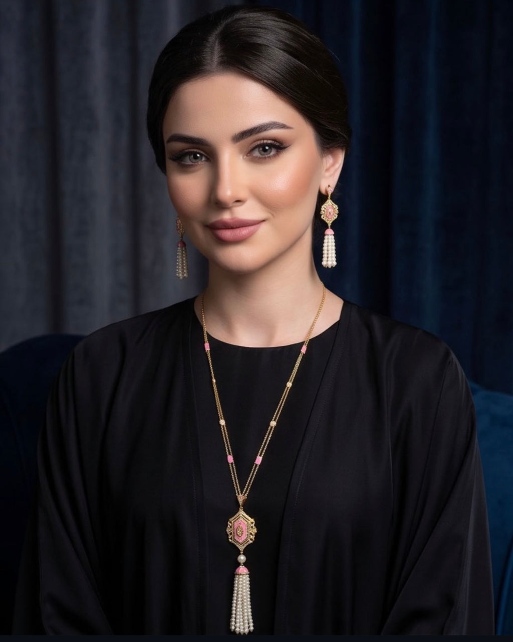 Silver 925 Gold plated Ornate Pendant Necklace and Earrings with Pink Enamel & Pearl Tassel