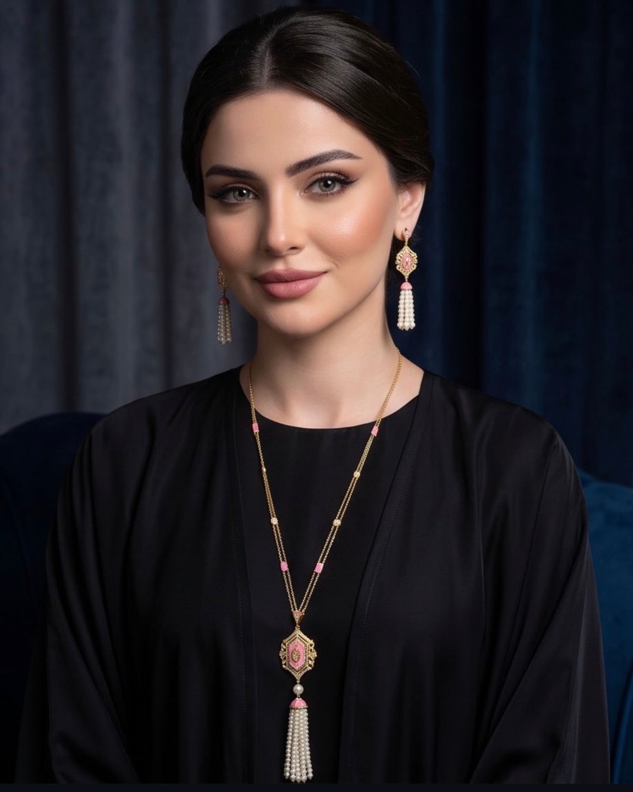 Silver 925 Gold plated Ornate Pendant Necklace and Earrings with Pink Enamel & Pearl Tassel