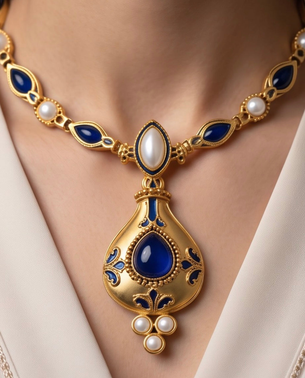 Navy Blue Pearl-Inspired 21K Gold-Plated 925 Sterling Silver Necklace