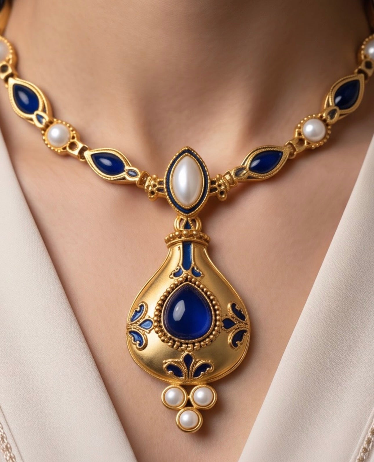 Navy Blue Pearl-Inspired 21K Gold-Plated 925 Sterling Silver Necklace