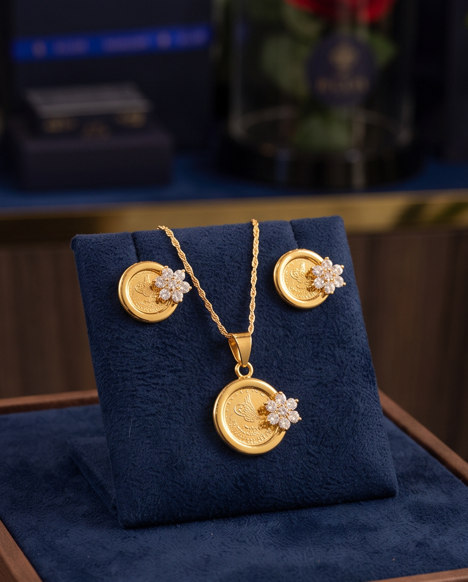 925 Sterling Silver Gold-Plated leera Coin Flower Jewelry Set