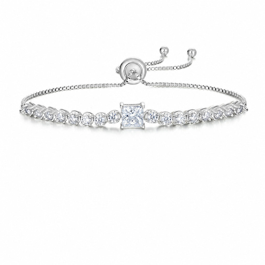 White Moissanite Geometric Princess Cut Square Center Stone Tennis Bracelet  925 Sterling Silver Adjustable Slider Chain Bracelet