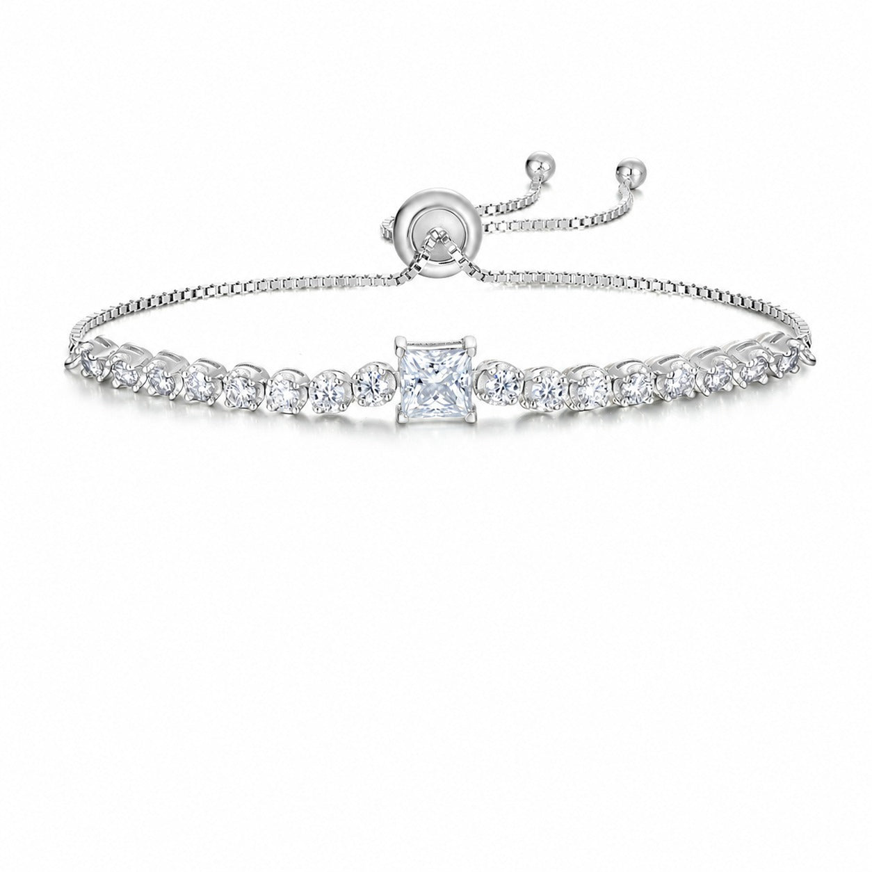 White Moissanite Geometric Princess Cut Square Center Stone Tennis Bracelet  925 Sterling Silver Adjustable Slider Chain Bracelet