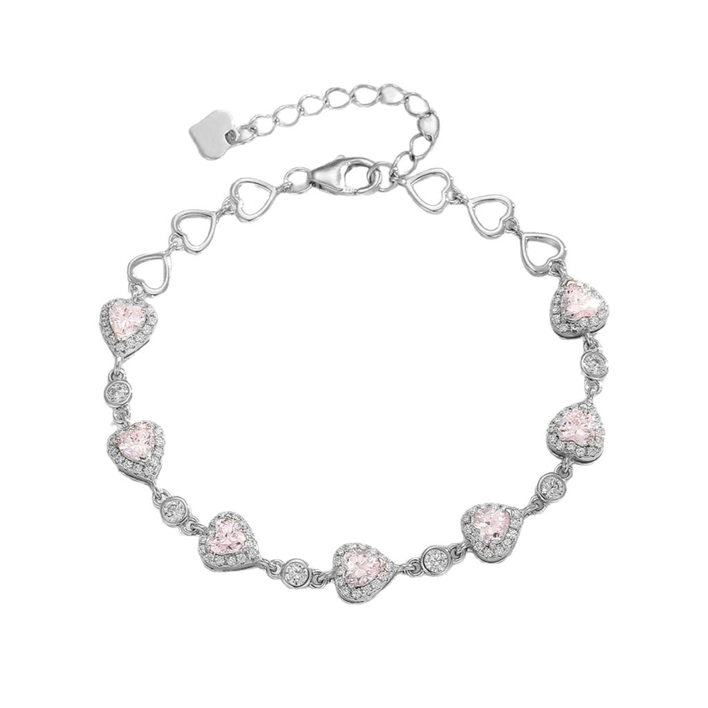 Pink Heart-Cut Moissanite Halo Link Bracelet in 925 Sterling Silver