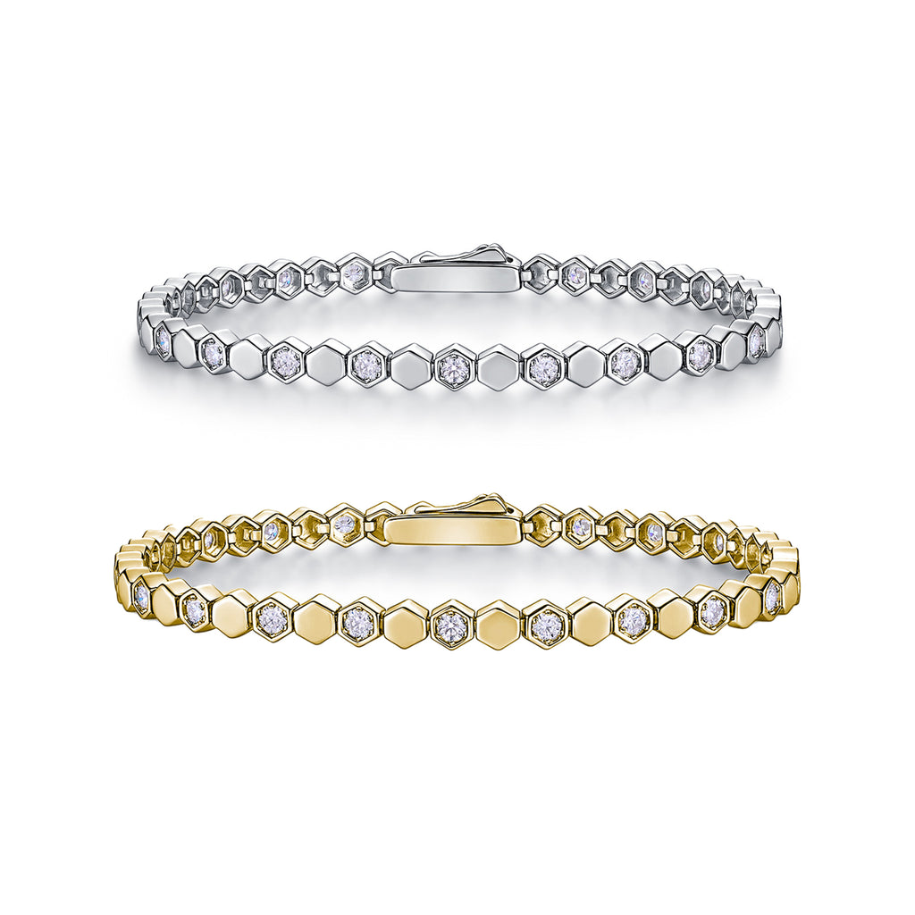 Round-Cut Moissanite Honeycomb Bezel Link Tennis Bracelet