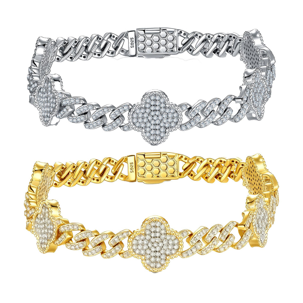 Moissanite Pave Four-Leaf Clover Cuban Link Bracelet in 925 Sterling Silver