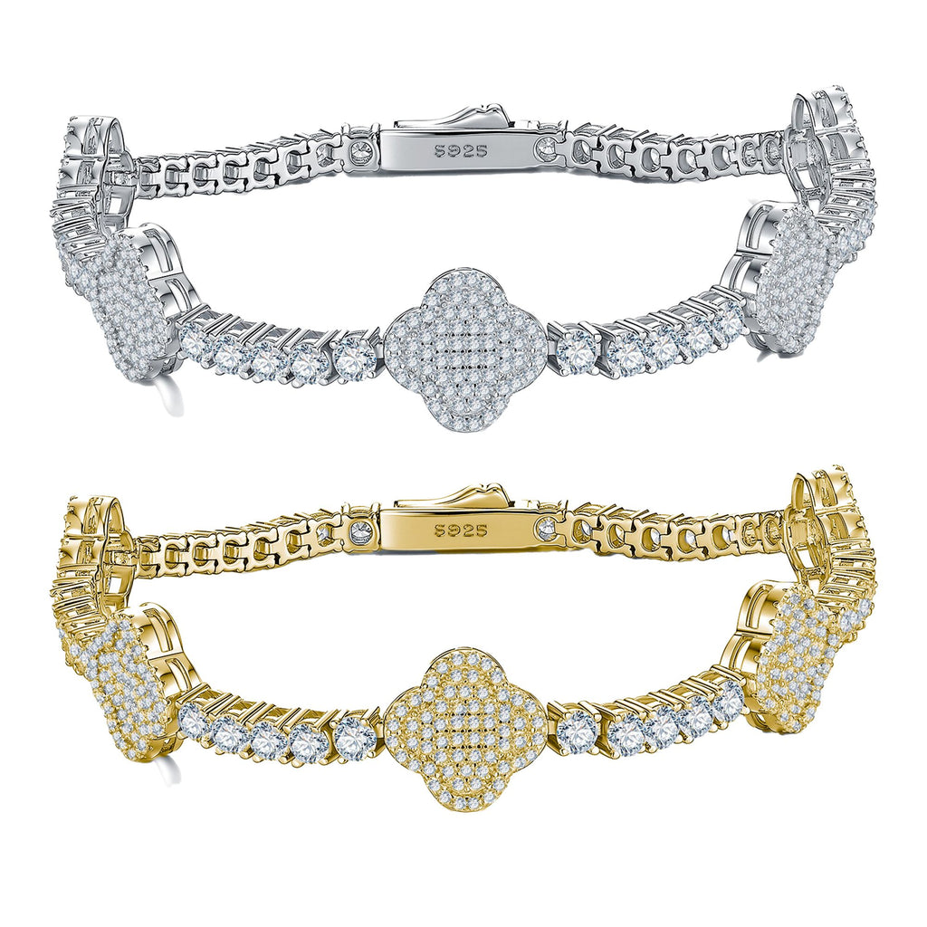Round-Cut Moissanite Clover Pavé Tennis Bracelet in 925 Sterling Silver