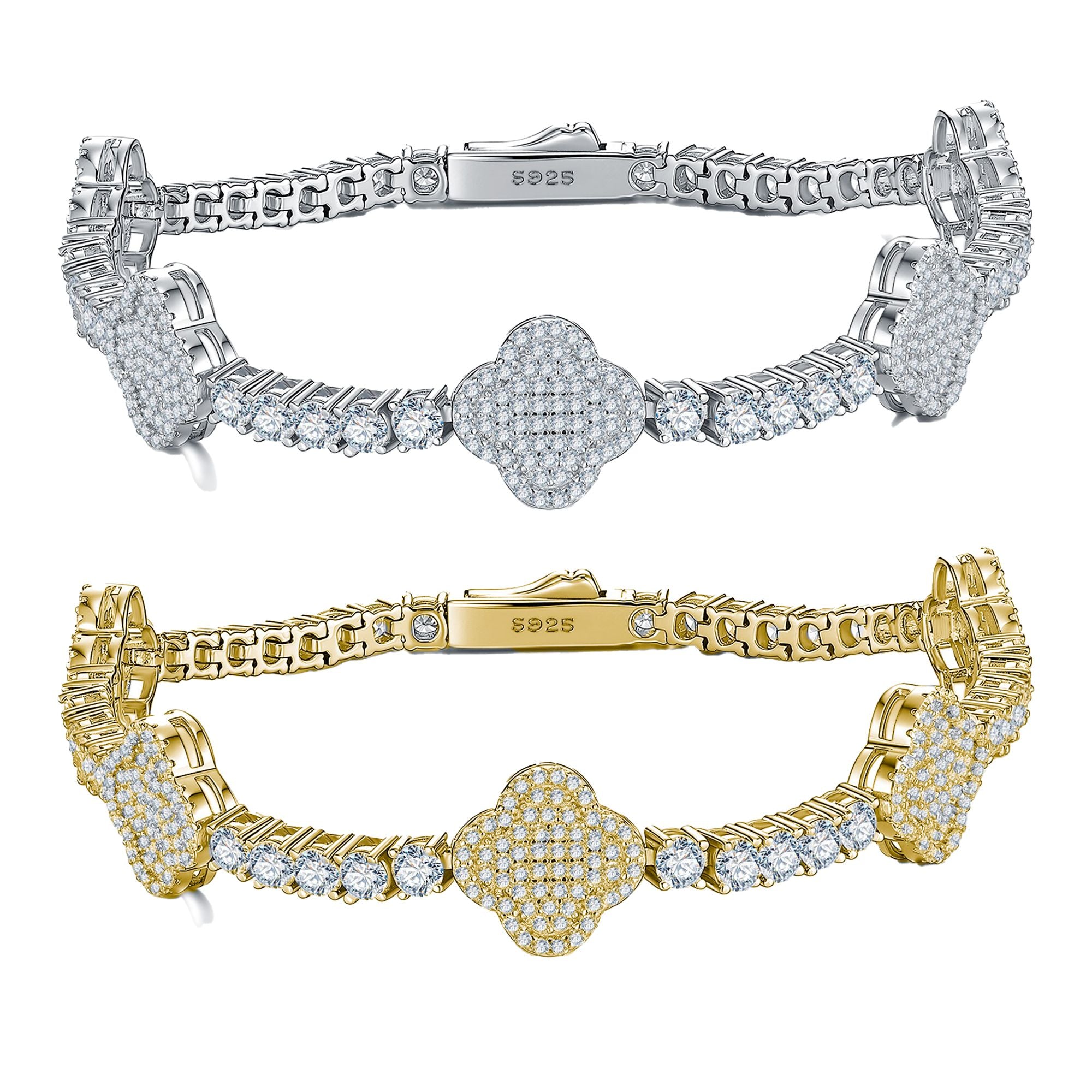 Round-Cut Moissanite Clover Pavé Tennis Bracelet in 925 Sterling Silver