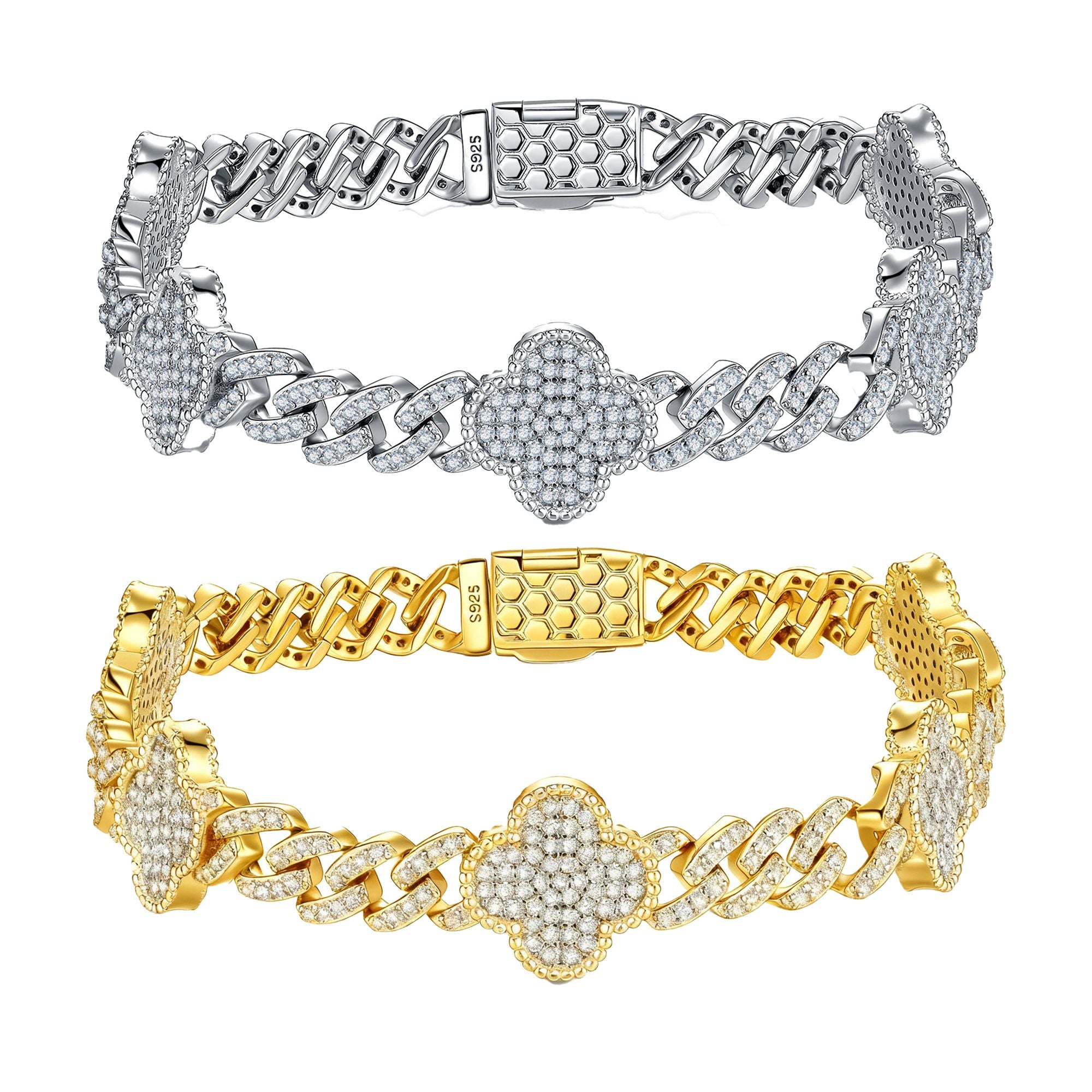 Round-Cut Moissanite Clover Cuban Link Bracelet in 925 Sterling Silver