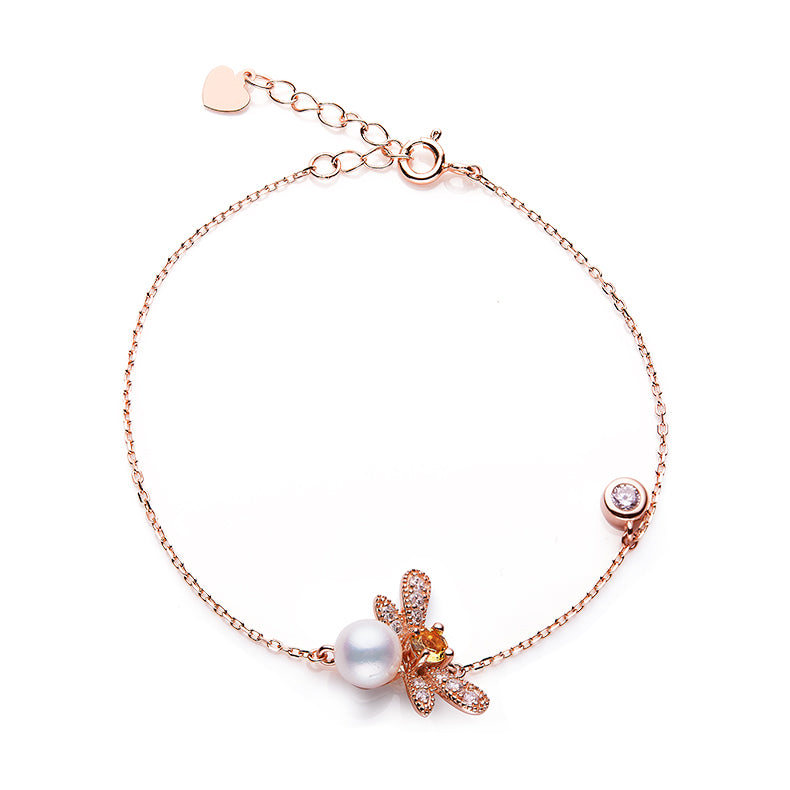 Akoya Pearl Butterfly Accent Bracelet in Rose Gold Plated 925 Sterling Silver