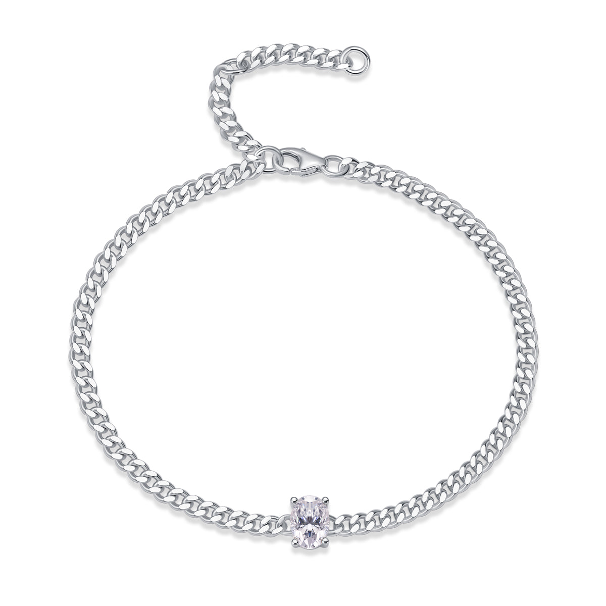 Oval-Cut Moissanite Solitaire Curb Chain Bracelet in 925 Sterling Silver