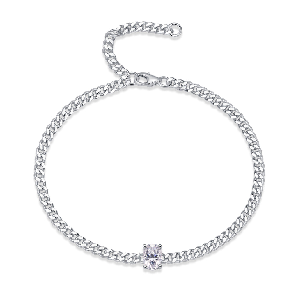 Oval-Cut Moissanite Solitaire Curb Chain Bracelet in 925 Sterling Silver