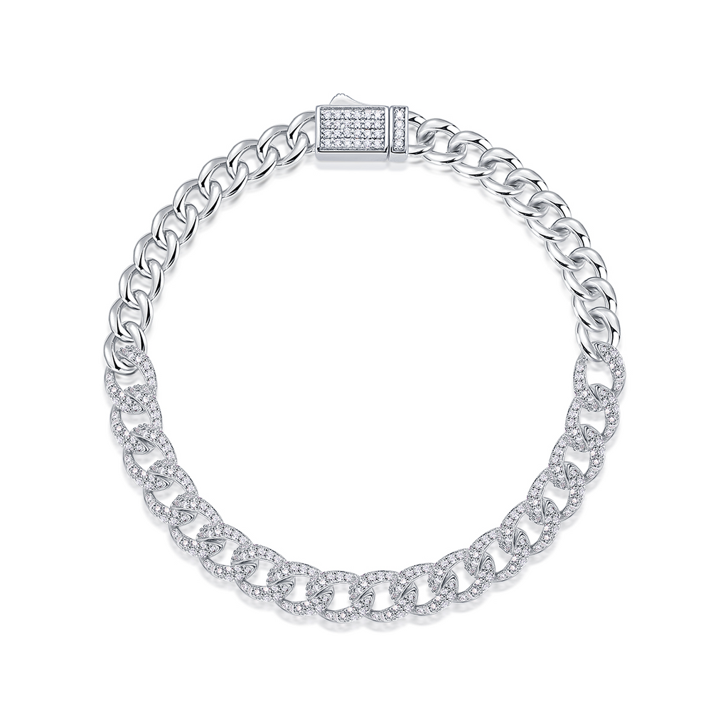 Round Moissanite Pave Cuban Link Bracelet in 925 Sterling Silver