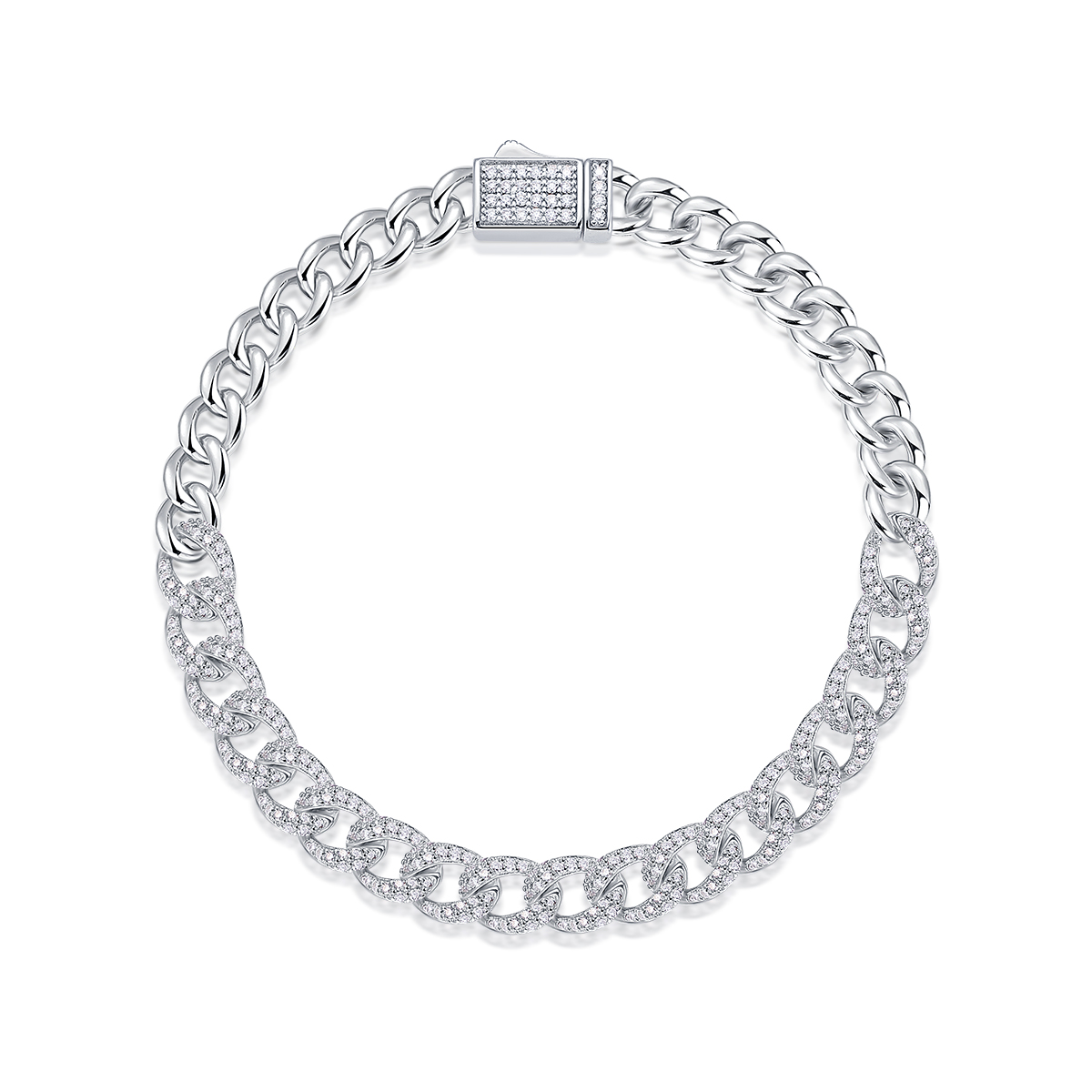 Round Moissanite Pave Cuban Link Bracelet in 925 Sterling Silver