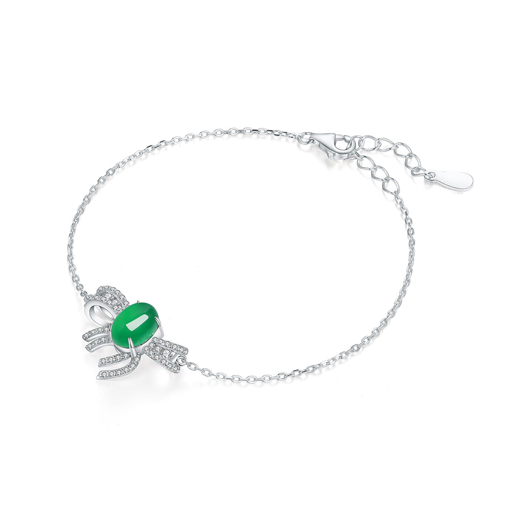 Oval Green Chalcedony Bowknot Pave Bracelet in 925 Sterling Silver