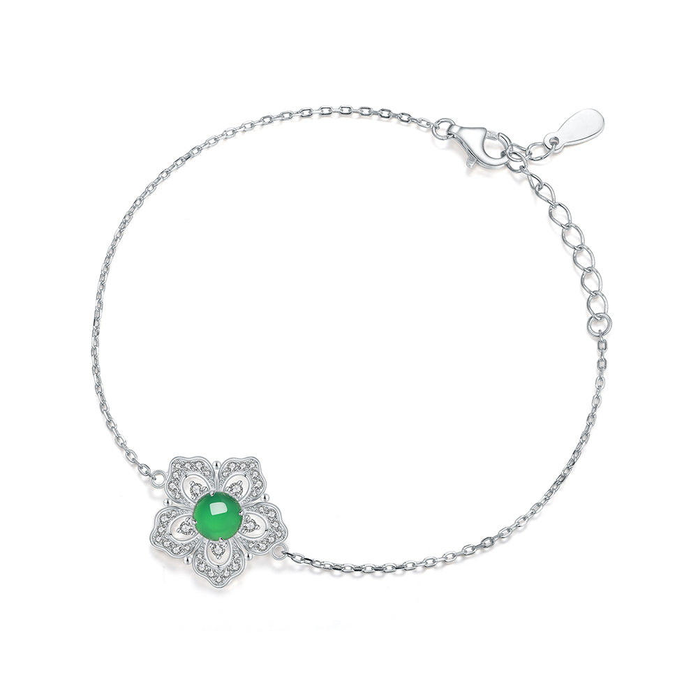 Round Green Chalcedony Floral Bracelet in 925 Sterling Silver