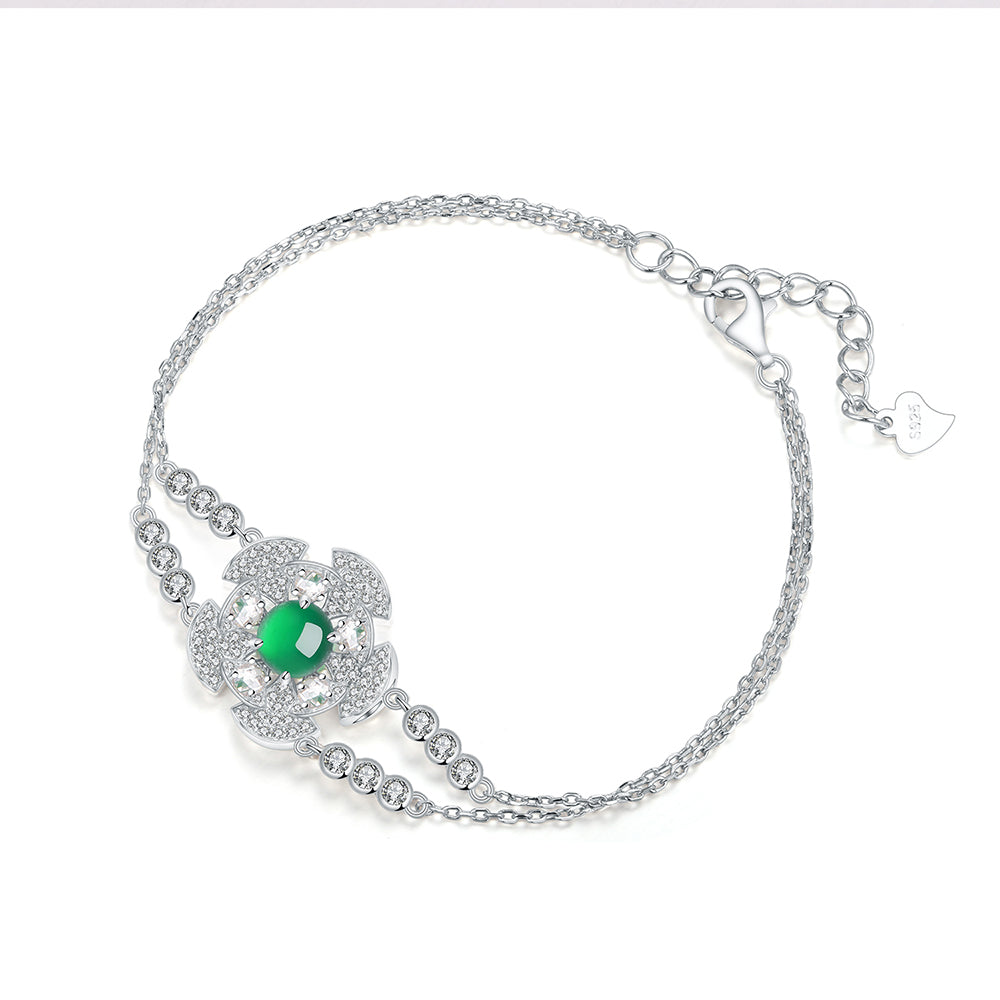 Round Green Chalcedony Floral Cluster Bracelet in 925 Sterling Silver