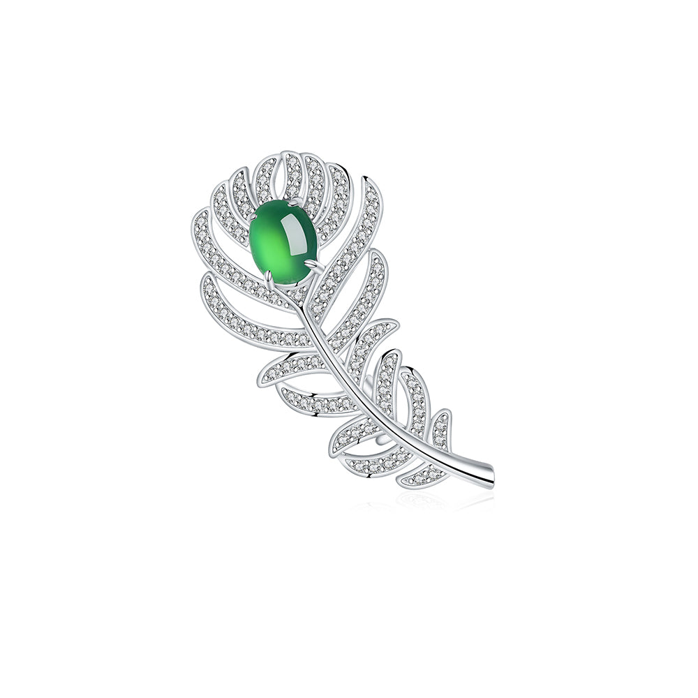 Oval-Cut Green Chalcedony Feather Pavé Brooch in 925 Sterling Silver
