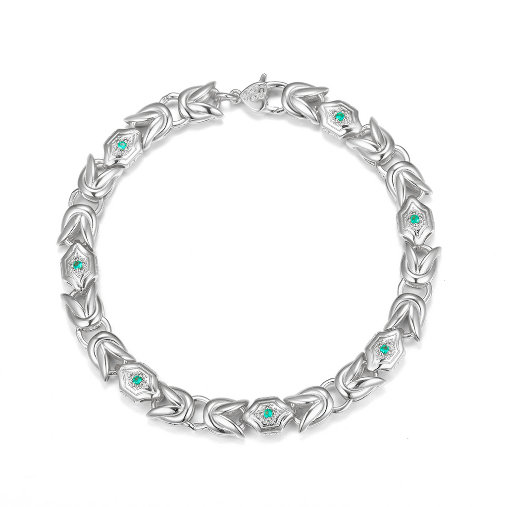 Round-Cut Lab Emerald Geometric Link Statement Bracelet in 925 Sterling Silver