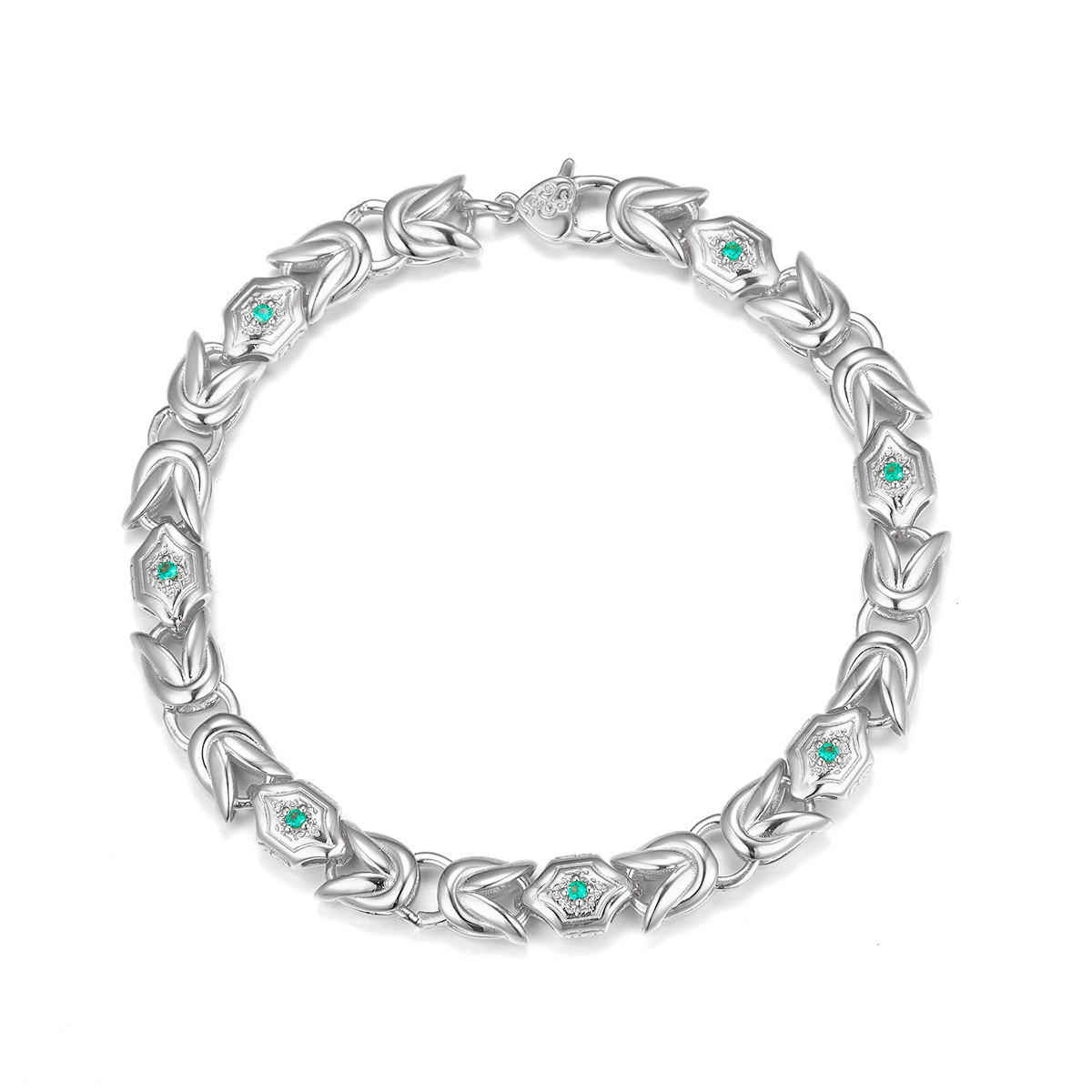 Round-Cut Lab Emerald Geometric Link Statement Bracelet in 925 Sterling Silver
