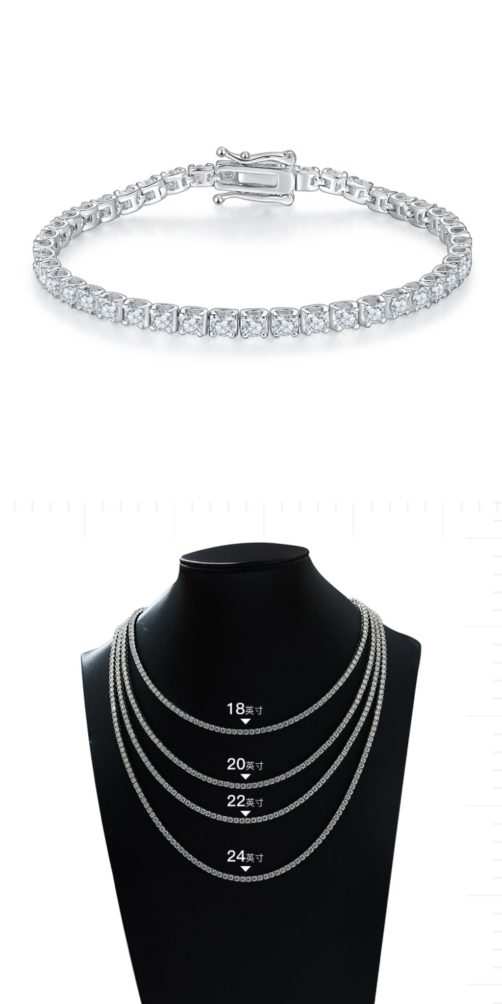 Round-Cut Moissanite Classic Tennis Chain Bracelet or Necklace in 925 Sterling Silver