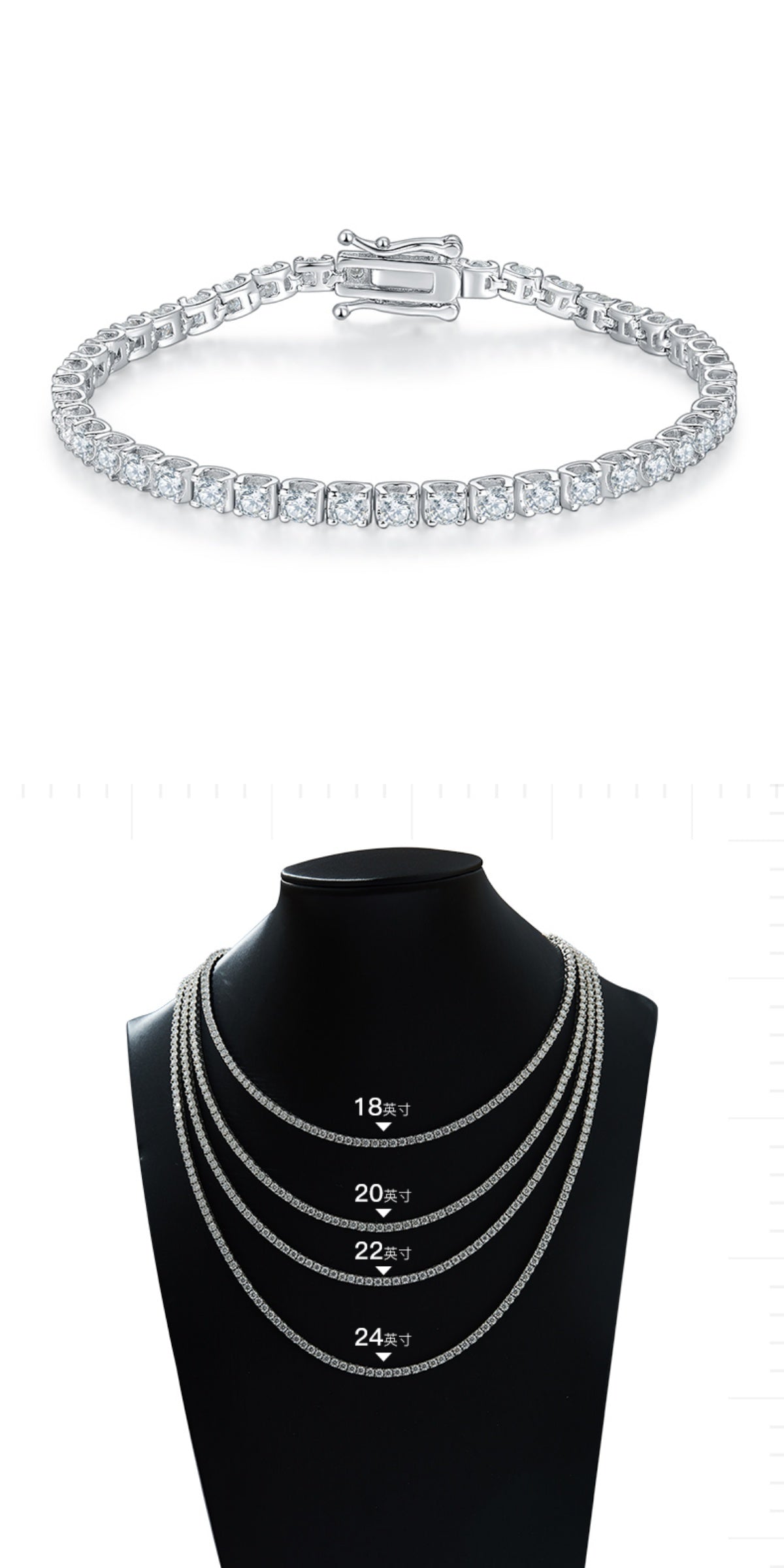 Round-Cut Moissanite Classic Tennis Chain Bracelet or Necklace in 925 Sterling Silver