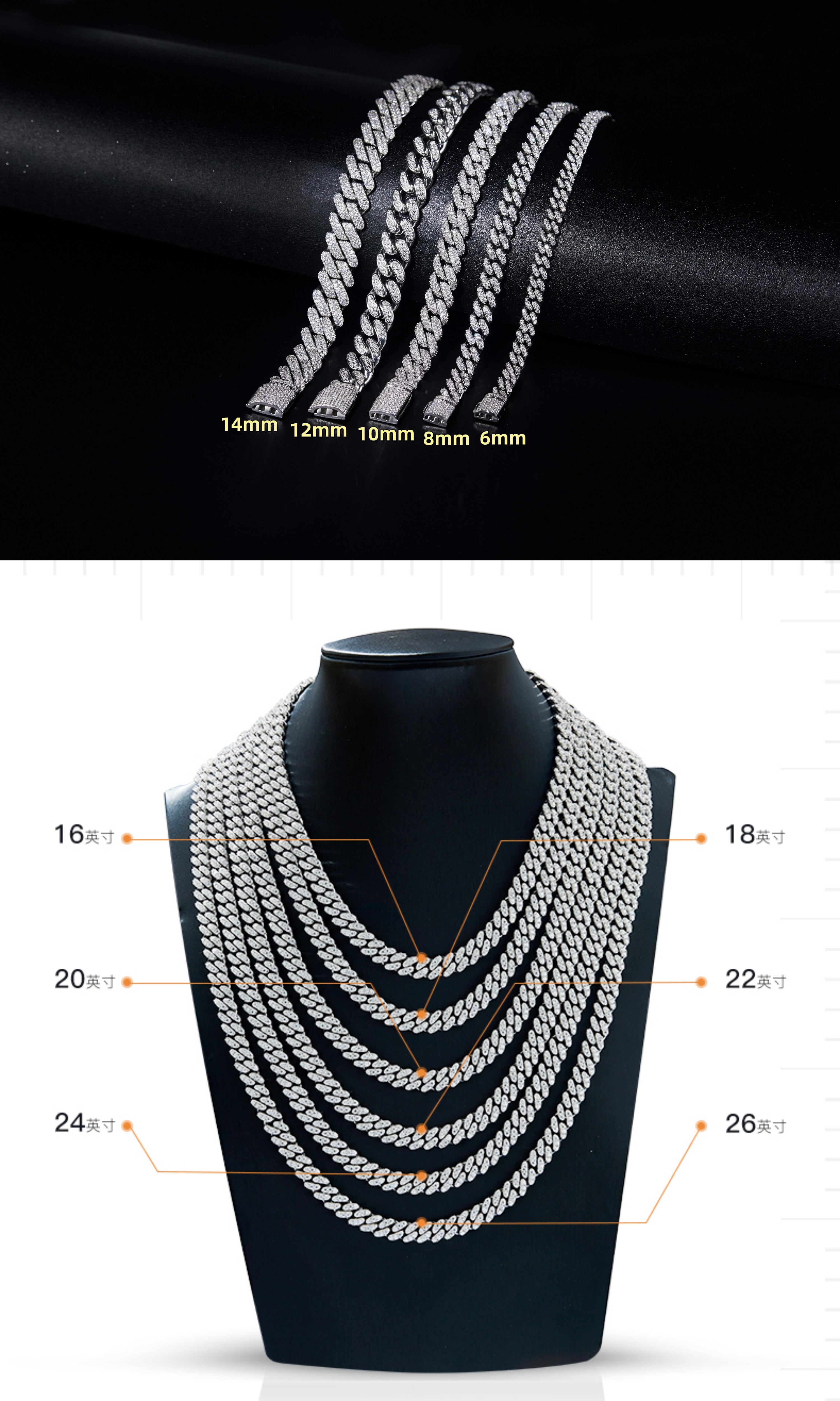 Round Moissanite Pave Cuban Link Chain Jewelry in 925 Sterling Silver