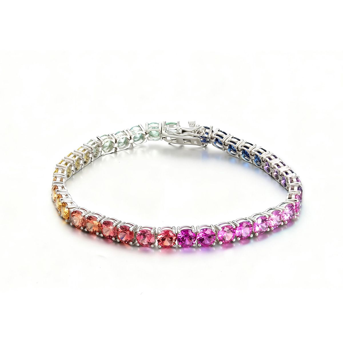 Round Lab-Grown Gemstone Rainbow Tennis Bracelet in 925 Sterling Silver