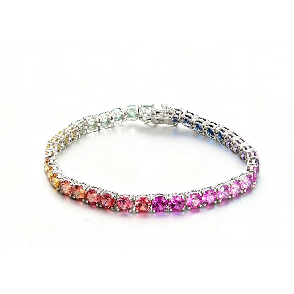Round-Cut Lab-Created Rainbow Gemstone Tennis Bracelet in 925 Sterling Silver