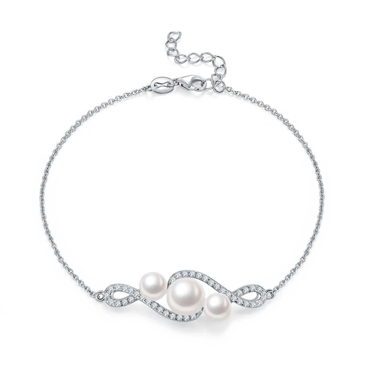 Round Freshwater Pearl Infinity Pave Bracelet in 925 Sterling Silver