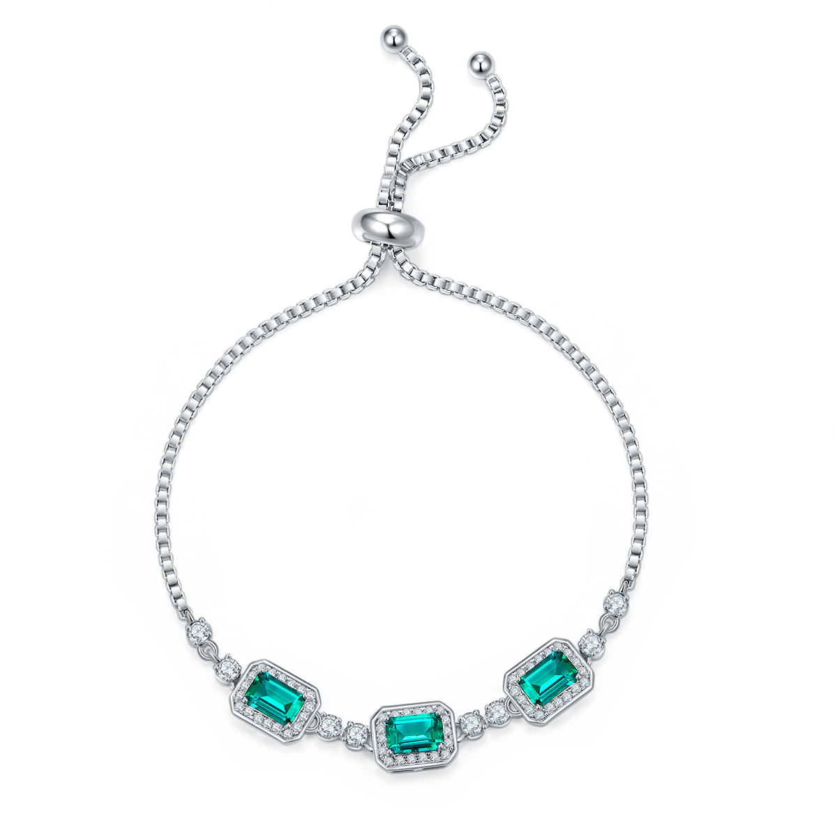 Emerald-Cut Lab Emerald Triple Halo Slider Bracelet in 925 Sterling Silver