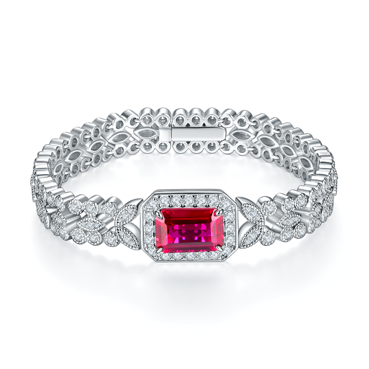 Emerald-Cut Lab-Created Ruby Halo Leaf-Link Tennis Bracelet