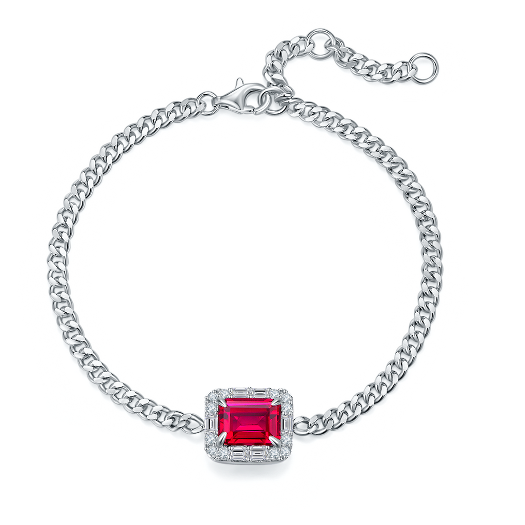 Emerald-Cut Lab Ruby Halo Chain Bracelet in 925 Sterling Silver